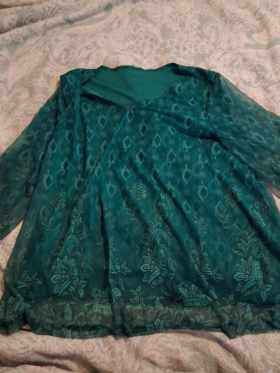 SHEIN Tops - SHEIN Teal Floral Sheer Tunic Top